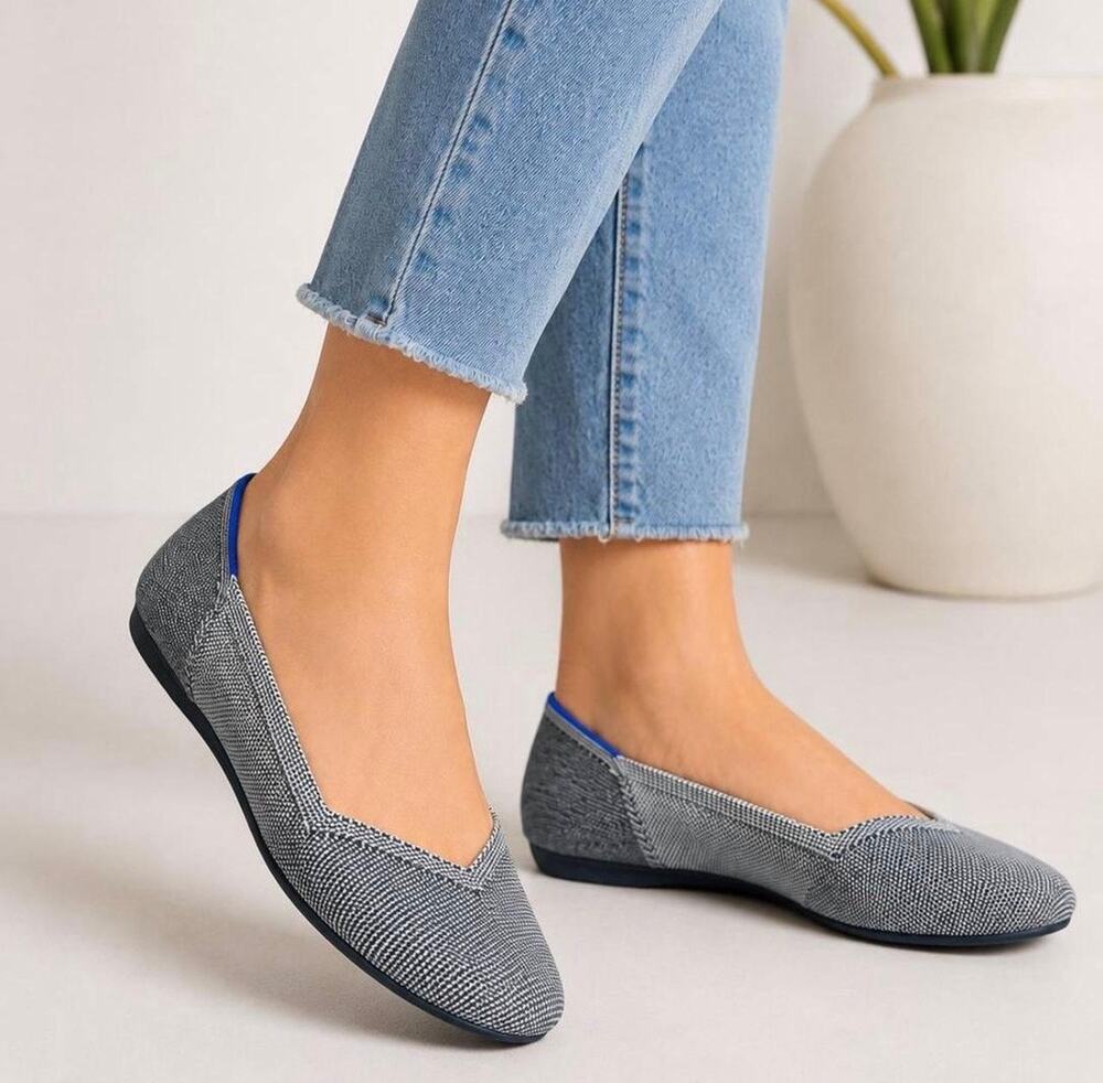 Rothy's Grey Knit Flats with Blue Heel Trim